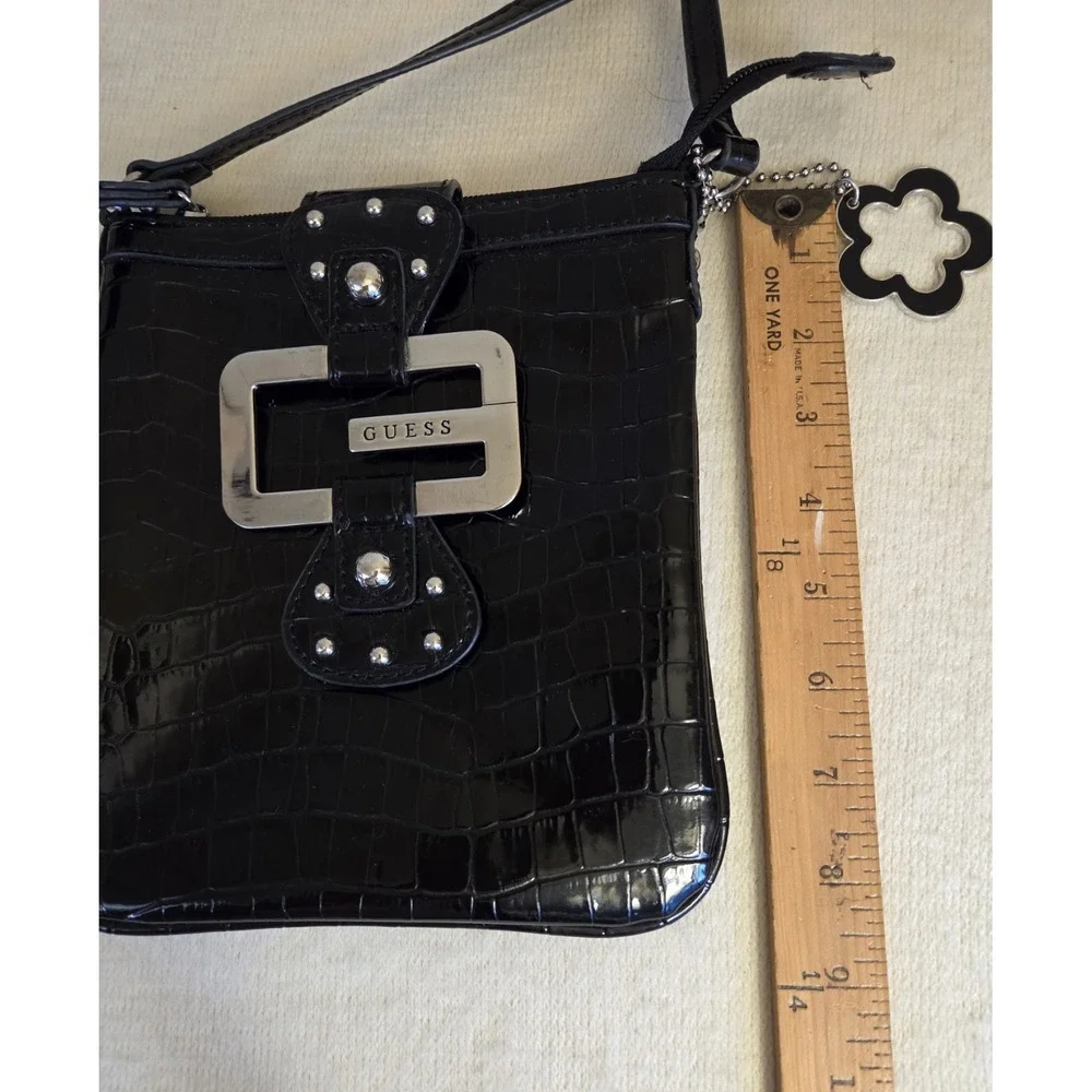 Vintage Y2K Guess Western Croc Big G Silver Studded Patent Black Crossbody Purse